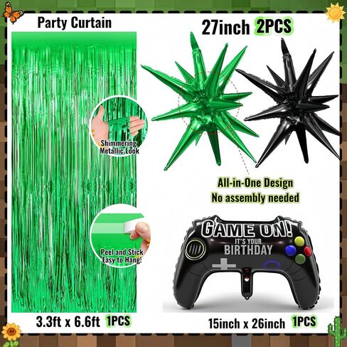 Pixel Game Birthday Party Decorations for Boys, Green Black Balloon Garland Kit with Backdrop, Tablecloth, Foil Stars & TNT Print Balloons, Fringe Curtain, Birthday Party decor Set in Saudi Arabia