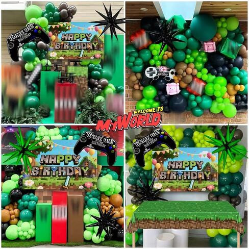 Pixel Game Birthday Party Decorations for Boys, Green Black Balloon Garland Kit with Backdrop, Tablecloth, Foil Stars & TNT Print Balloons, Fringe Curtain, Birthday Party decor Set in Saudi Arabia