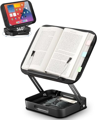 Viozon Book Stand للقراءة ، حامل الكتب مع التخزين وقاعدة الدوران 360 درجة ، الكتب المدرسية القابلة للتعديل للمكتب ، موقف القراءة القابلة للطي لكتب الطبخ ، وصفة ، وأجهزة الكمبيوتر المحمولة/المحمول ، DW in Kuwait
