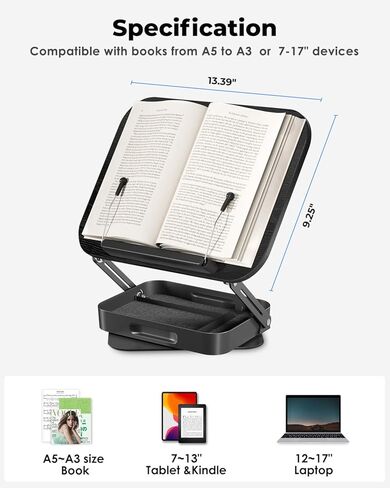 Viozon Book Stand للقراءة ، حامل الكتب مع التخزين وقاعدة الدوران 360 درجة ، الكتب المدرسية القابلة للتعديل للمكتب ، موقف القراءة القابلة للطي لكتب الطبخ ، وصفة ، وأجهزة الكمبيوتر المحمولة/المحمول ، DW in Kuwait