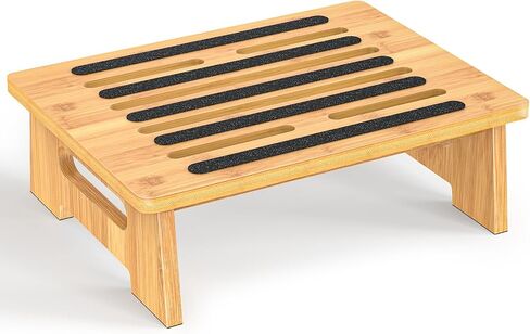 One Step Stool for Adults Seniors and Kids with Non-Slip Surface, Natural Bamboo Stepping Stools for High Bed, Bathroom and Kitchen, Hold Up to 450 LBS, Lightweight, Waterproof, Easy to Install in Saudi Arabia