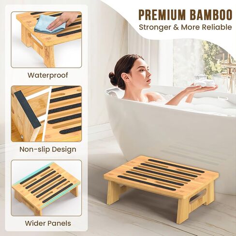One Step Stool for Adults Seniors and Kids with Non-Slip Surface, Natural Bamboo Stepping Stools for High Bed, Bathroom and Kitchen, Hold Up to 450 LBS, Lightweight, Waterproof, Easy to Install in Saudi Arabia