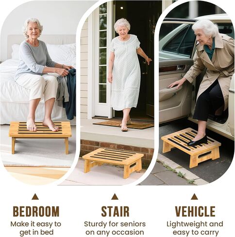 One Step Stool for Adults Seniors and Kids with Non-Slip Surface, Natural Bamboo Stepping Stools for High Bed, Bathroom and Kitchen, Hold Up to 450 LBS, Lightweight, Waterproof, Easy to Install in Saudi Arabia