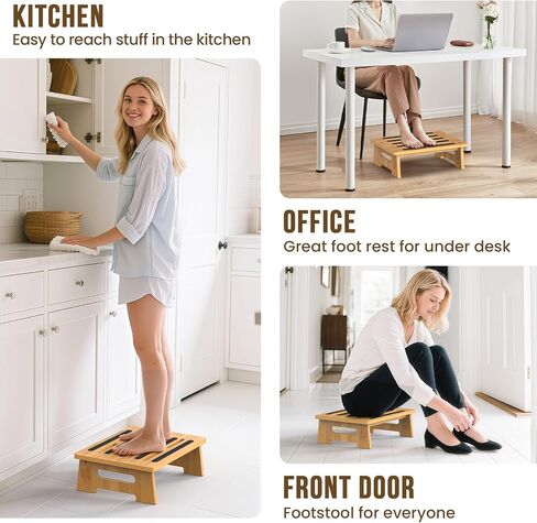 One Step Stool for Adults Seniors and Kids with Non-Slip Surface, Natural Bamboo Stepping Stools for High Bed, Bathroom and Kitchen, Hold Up to 450 LBS, Lightweight, Waterproof, Easy to Install in Saudi Arabia