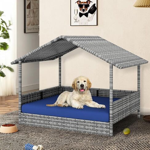 YITAHOME Large Wicker Dog House with Cushion Outdoor Indoor Rattan Doghouse Elevated Raised Dog Bed with Canopy Water Unaffected Dog Cot for Small, Medium, and Large Dogs, Gray & Blue in Saudi Arabia