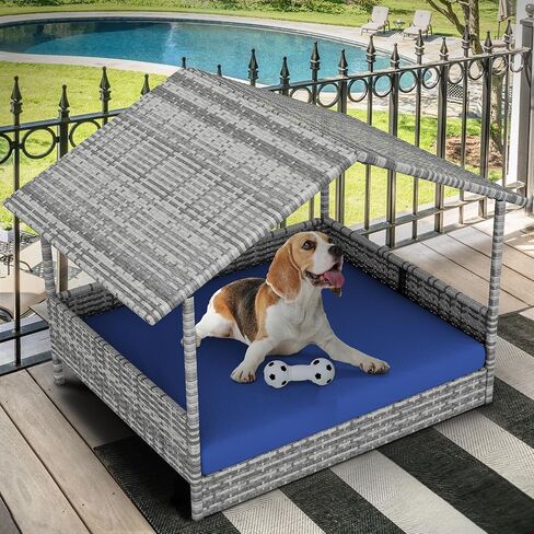 YITAHOME Large Wicker Dog House with Cushion Outdoor Indoor Rattan Doghouse Elevated Raised Dog Bed with Canopy Water Unaffected Dog Cot for Small, Medium, and Large Dogs, Gray & Blue in Saudi Arabia