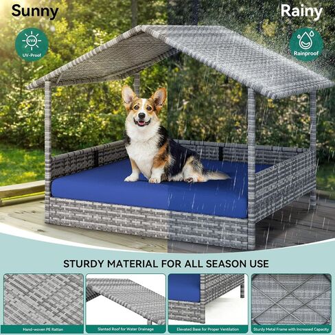 YITAHOME Large Wicker Dog House with Cushion Outdoor Indoor Rattan Doghouse Elevated Raised Dog Bed with Canopy Water Unaffected Dog Cot for Small, Medium, and Large Dogs, Gray & Blue in Saudi Arabia