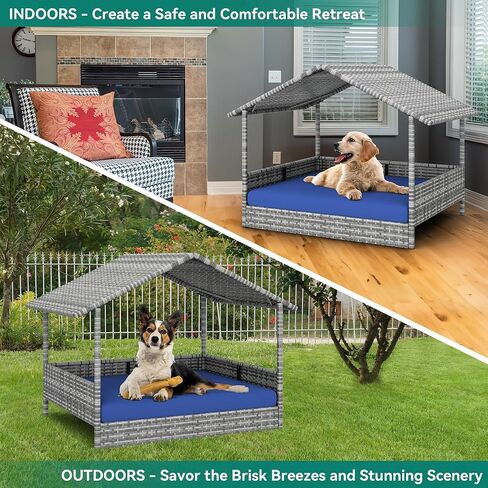 YITAHOME Large Wicker Dog House with Cushion Outdoor Indoor Rattan Doghouse Elevated Raised Dog Bed with Canopy Water Unaffected Dog Cot for Small, Medium, and Large Dogs, Gray & Blue in Saudi Arabia