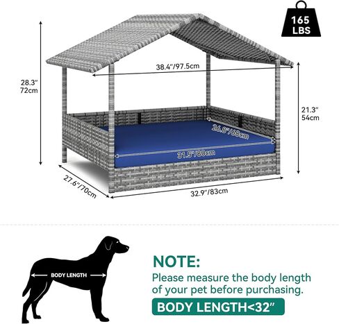 YITAHOME Large Wicker Dog House with Cushion Outdoor Indoor Rattan Doghouse Elevated Raised Dog Bed with Canopy Water Unaffected Dog Cot for Small, Medium, and Large Dogs, Gray & Blue in Saudi Arabia