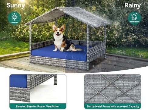 YITAHOME Large Wicker Dog House with Cushion Outdoor Indoor Rattan Doghouse Elevated Raised Dog Bed with Canopy Water Unaffected Dog Cot for Small, Medium, and Large Dogs, Gray & Blue in Saudi Arabia