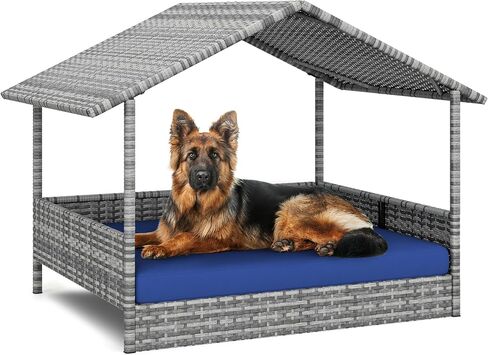 YITAHOME Large Wicker Dog House with Cushion Outdoor Indoor Rattan Doghouse Elevated Raised Dog Bed with Canopy Water Unaffected Dog Cot for Small, Medium, and Large Dogs, Gray & Blue in Saudi Arabia