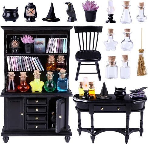 56 PCS Halloween Miniatures Decorations 1:12 Scale Magic House Accessories Mini Wooden Reshelf Furniture Set Tiny Forcery Bottles Books Desk Chair Witch Hat Dollhouse Decor in Kuwait