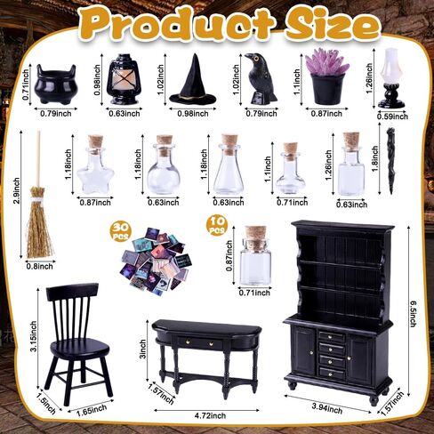 56 PCS Halloween Miniatures Decorations 1:12 Scale Magic House Accessories Mini Wooden Reshelf Furniture Set Tiny Forcery Bottles Books Desk Chair Witch Hat Dollhouse Decor in Kuwait