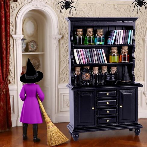 56 PCS Halloween Miniatures Decorations 1:12 Scale Magic House Accessories Mini Wooden Reshelf Furniture Set Tiny Forcery Bottles Books Desk Chair Witch Hat Dollhouse Decor in Kuwait
