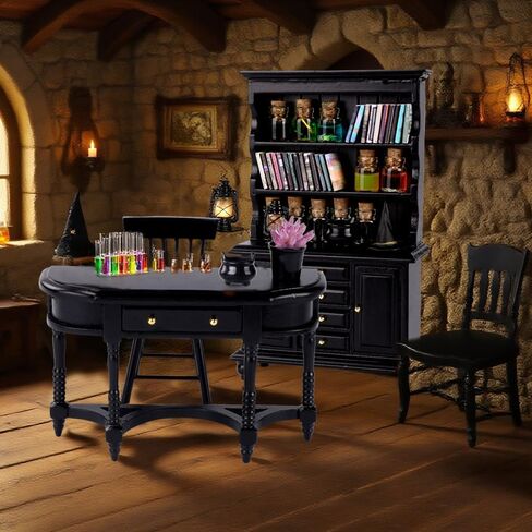 56 PCS Halloween Miniatures Decorations 1:12 Scale Magic House Accessories Mini Wooden Reshelf Furniture Set Tiny Forcery Bottles Books Desk Chair Witch Hat Dollhouse Decor in Kuwait