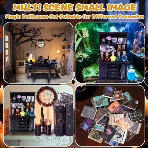 56 PCS Halloween Miniatures Decorations 1:12 Scale Magic House Accessories Mini Wooden Reshelf Furniture Set Tiny Forcery Bottles Books Desk Chair Witch Hat Dollhouse Decor in Kuwait