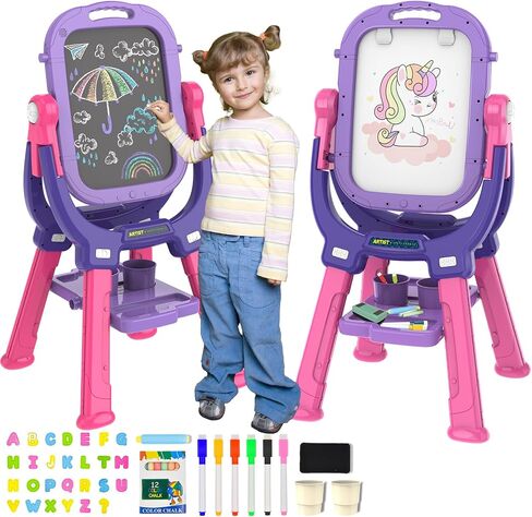 Easel for Kids, Adjustable Standing Rotatable Double Sided Toddlers Art Easel with Painting Accessories, Drawing Board Gift for Boys and Girls, Pink in Saudi Arabia