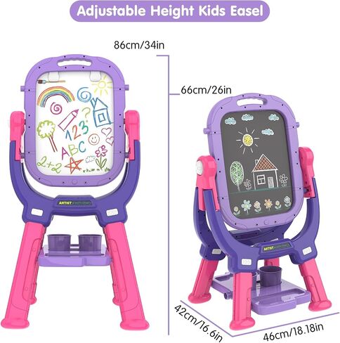 Easel for Kids, Adjustable Standing Rotatable Double Sided Toddlers Art Easel with Painting Accessories, Drawing Board Gift for Boys and Girls, Pink in Saudi Arabia