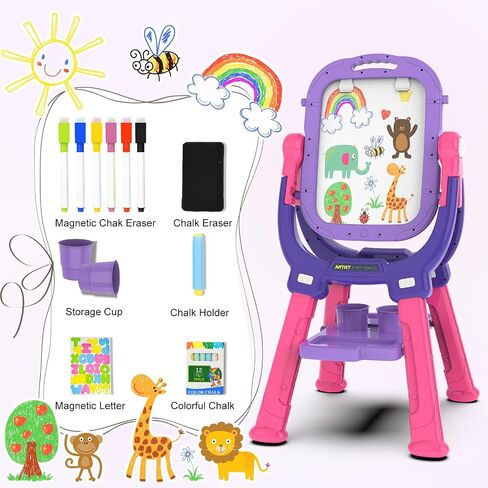 Easel for Kids, Adjustable Standing Rotatable Double Sided Toddlers Art Easel with Painting Accessories, Drawing Board Gift for Boys and Girls, Pink in Saudi Arabia