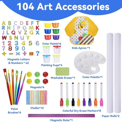 Art Easel for Kids: Wooden Right Leight Magnetic Magnetic Paintable Loving for Chiddlers 2-4،104+ اللوازم الفنية للبنين والبنات الذين تتراوح أعمارهم بين 4-8 إلى 2 و 2 لفائف ورائحة سعة التخزين in Saudi Arabia