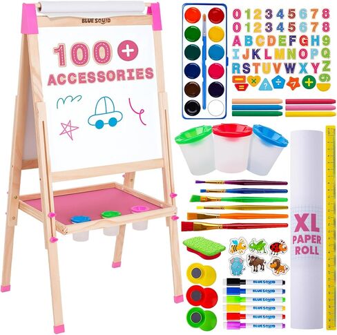 Blue Squid Art Easel for Kids, Easels for Toddlers | Adjustable Art Easel with Paper Roll, Magnetic Kid Chalkboard Easel Double Sided, Toddler White Board Toddler Easel for Kids 100+ Accessories in Kuwait