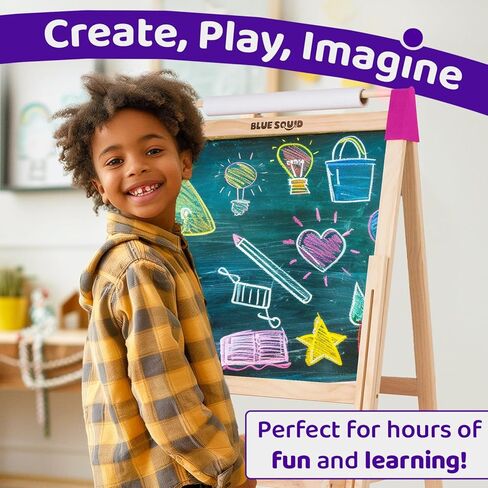 Blue Squid Art Easel for Kids, Easels for Toddlers | Adjustable Art Easel with Paper Roll, Magnetic Kid Chalkboard Easel Double Sided, Toddler White Board Toddler Easel for Kids 100+ Accessories in Kuwait