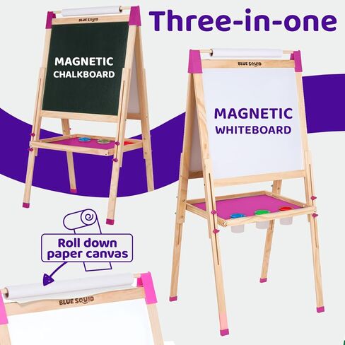 Blue Squid Art Easel for Kids, Easels for Toddlers | Adjustable Art Easel with Paper Roll, Magnetic Kid Chalkboard Easel Double Sided, Toddler White Board Toddler Easel for Kids 100+ Accessories in Kuwait