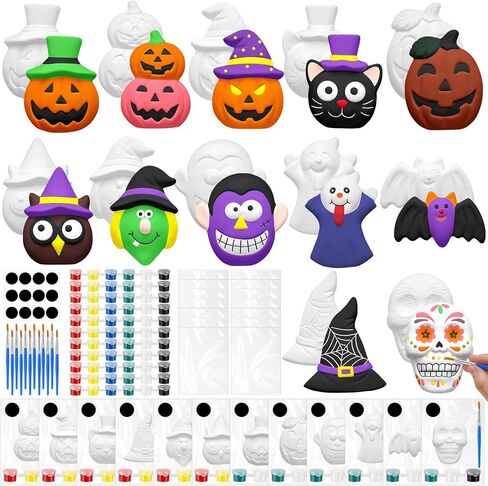 Leyndo 12 Set Halloween Ceramics لطلاء عيد الهالوين ترسم التماثيل الخاصة بك مجموعات الطلاء الجص DIY مع قبعة الخفافيش اليقطين غير المصممة لمشاريع الفنية الفنية للمشاريع الفنية in Saudi Arabia