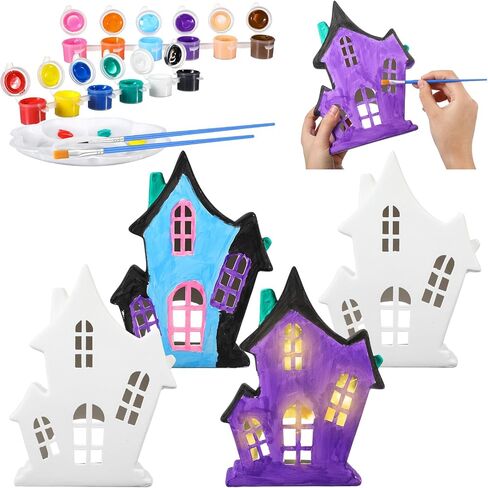 Beeveer 9 PCS Halloween Haunted House Ceramics لطلاء 7.87 × 5.71 × 2.76 بوصة جاهزة لطلاء السيراميك الخاص بك تشمل 4 منازل هالوين غير مصممة مسكونان 2 شرائط من الدهانات 2 فرش 1 لوحة in Saudi Arabia
