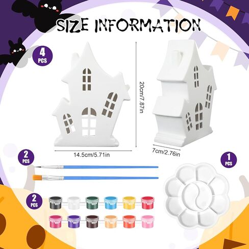 Beeveer 9 PCS Halloween Haunted House Ceramics لطلاء 7.87 × 5.71 × 2.76 بوصة جاهزة لطلاء السيراميك الخاص بك تشمل 4 منازل هالوين غير مصممة مسكونان 2 شرائط من الدهانات 2 فرش 1 لوحة in Saudi Arabia