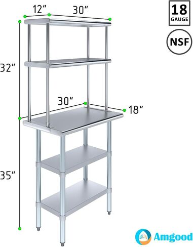 طاولة عمل من الفولاذ المقاوم للصدأ مع 2 رفوف | طاولة NSF (18 "× 30" مع 2 رفوف + 12 " in Kuwait