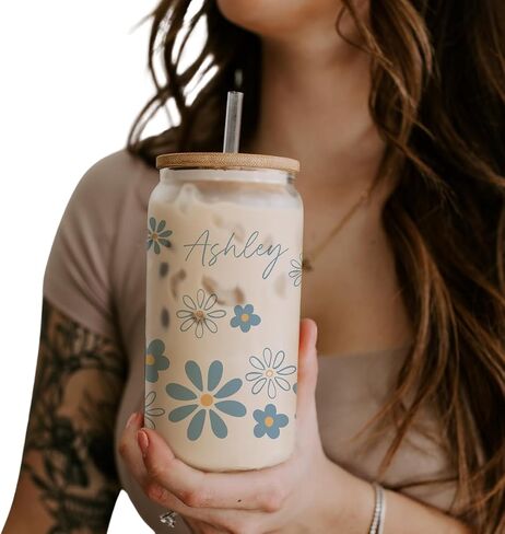 Personalized Tumbler Personalized Glass Tumbler with Birth Flower, Custom Glass Cup with Lids and Straws, Personalized Coffee Tumbler, Personalized Gift (Watercolor Floral Frosted Glass) in Kuwait