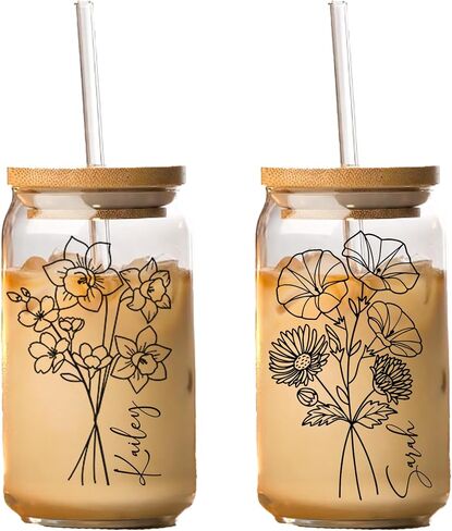 Personalized Tumbler Personalized Glass Tumbler with Birth Flower, Custom Glass Cup with Lids and Straws, Personalized Coffee Tumbler, Personalized Gift (Watercolor Floral Frosted Glass) in Kuwait