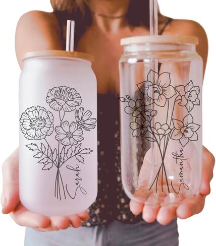 Personalized Tumbler Personalized Glass Tumbler with Birth Flower, Custom Glass Cup with Lids and Straws, Personalized Coffee Tumbler, Personalized Gift (Watercolor Floral Frosted Glass) in Kuwait