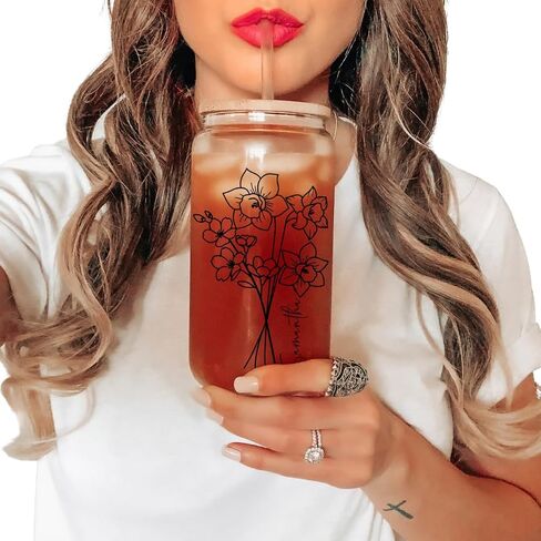 Personalized Tumbler Personalized Glass Tumbler with Birth Flower, Custom Glass Cup with Lids and Straws, Personalized Coffee Tumbler, Personalized Gift (Watercolor Floral Frosted Glass) in Kuwait