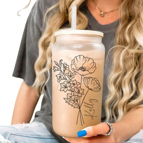 Personalized Tumbler Personalized Glass Tumbler with Birth Flower, Custom Glass Cup with Lids and Straws, Personalized Coffee Tumbler, Personalized Gift (Watercolor Floral Frosted Glass) in Kuwait
