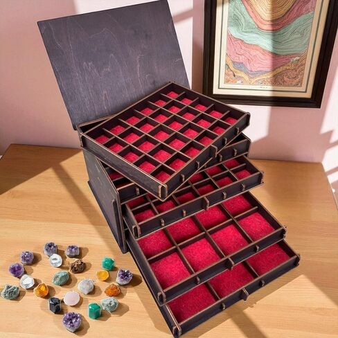 Personalized Crystal Storage Box with Drawers, 5 Tier Wooden Case for Mineral Rock Gemstone Collector, Customizable Drawer Slots in Saudi Arabia