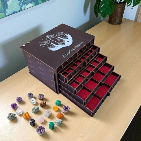 Personalized Crystal Storage Box with Drawers, 5 Tier Wooden Case for Mineral Rock Gemstone Collector, Customizable Drawer Slots in Saudi Arabia