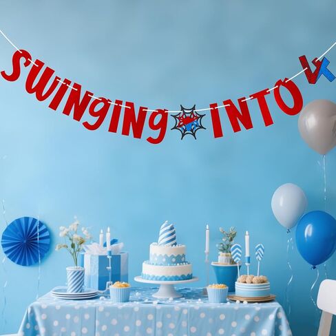Spider Birthday Banner, Swinging Into 4 Spider Themed Cartoon Party Decoration Supplies for Boys Girls Birthday Party Decoration in Kuwait