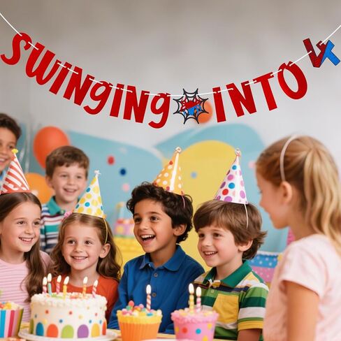 Spider Birthday Banner, Swinging Into 4 Spider Themed Cartoon Party Decoration Supplies for Boys Girls Birthday Party Decoration in Kuwait
