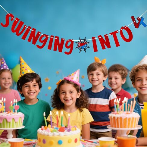 Spider Birthday Banner, Swinging Into 4 Spider Themed Cartoon Party Decoration Supplies for Boys Girls Birthday Party Decoration in Kuwait