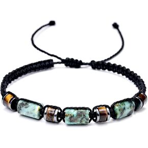 African Turquoise Bracelet, Tiger Eye and Hematite Beads, Black Braided Adjustable in Saudi Arabia