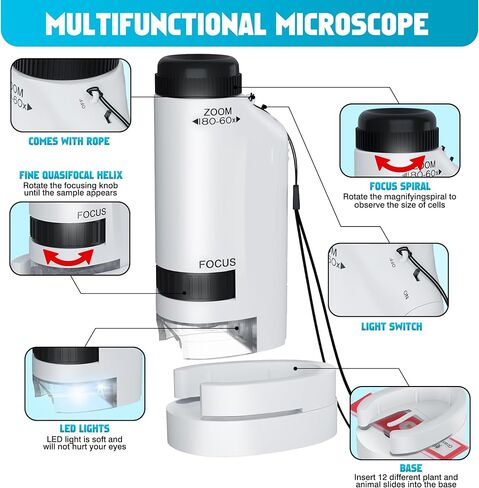 المجهر المحمول للأطفال 60x-180x ، ألعاب Mini Mini Mini STEM و Science ، LED Pocket Little Collectist Microscopes مع 12pcs شرائح ، هدايا مقابل 6،7،8،9،10+ من الفتيان (الأزرق الأزرق والأبيض) in Kuwait