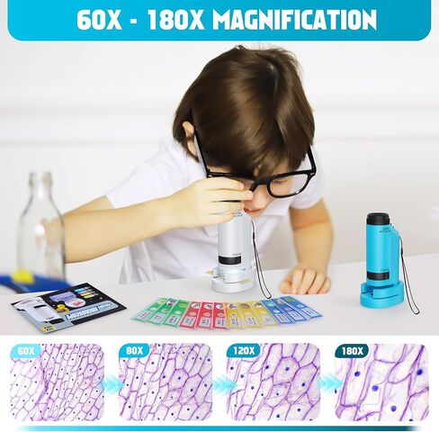 المجهر المحمول للأطفال 60x-180x ، ألعاب Mini Mini Mini STEM و Science ، LED Pocket Little Collectist Microscopes مع 12pcs شرائح ، هدايا مقابل 6،7،8،9،10+ من الفتيان (الأزرق الأزرق والأبيض) in Kuwait