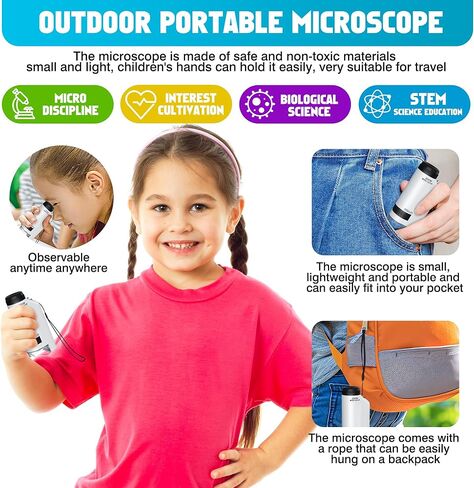 المجهر المحمول للأطفال 60x-180x ، ألعاب Mini Mini Mini STEM و Science ، LED Pocket Little Collectist Microscopes مع 12pcs شرائح ، هدايا مقابل 6،7،8،9،10+ من الفتيان (الأزرق الأزرق والأبيض) in Kuwait
