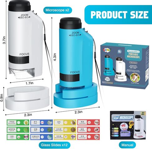 المجهر المحمول للأطفال 60x-180x ، ألعاب Mini Mini Mini STEM و Science ، LED Pocket Little Collectist Microscopes مع 12pcs شرائح ، هدايا مقابل 6،7،8،9،10+ من الفتيان (الأزرق الأزرق والأبيض) in Kuwait