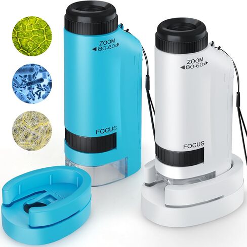 المجهر المحمول للأطفال 60x-180x ، ألعاب Mini Mini Mini STEM و Science ، LED Pocket Little Collectist Microscopes مع 12pcs شرائح ، هدايا مقابل 6،7،8،9،10+ من الفتيان (الأزرق الأزرق والأبيض) in Kuwait