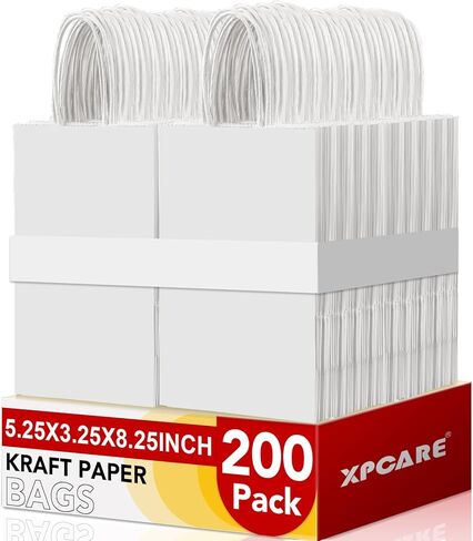 XPCare 200pcs الأكياس الهدايا الورقية 5.25x3.25x8.25 '' ، حقائب لف الهدايا مع مقابض الأكياس الورقية Kraft البنية لأكياس الورق التجارية الصغيرة بشكل كبير لحفلات عيد الميلاد لأفضل تجارة التجزئة للتسوق in Kuwait