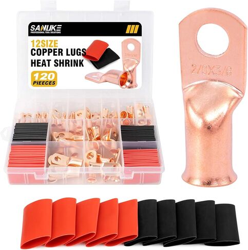 Sanuke 120Pcs Wire Lugs Battery Cable Lugs Marine Grade Wire Lugs with Heat Shrink Set 60Pcs Heavy Duty Tinned Copper Tubular Ring Terminals Tinned Closed End Crimp Connectors AWG 8 6 4 2 in Kuwait