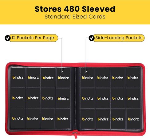 12 جيب سحاب الموثق ل 480 بطاقة تداول الأكمام - ألبوم جيوب تحميل جانبي - أرشيف مواد آمنة ومتوافقة مع TCG MTG و Sports Collectibles (RED) in Kuwait